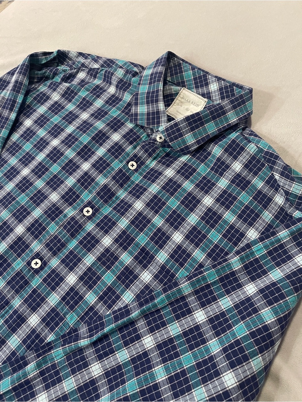 Billy Reid Teal & Navy Plaid Button-Down Shirt